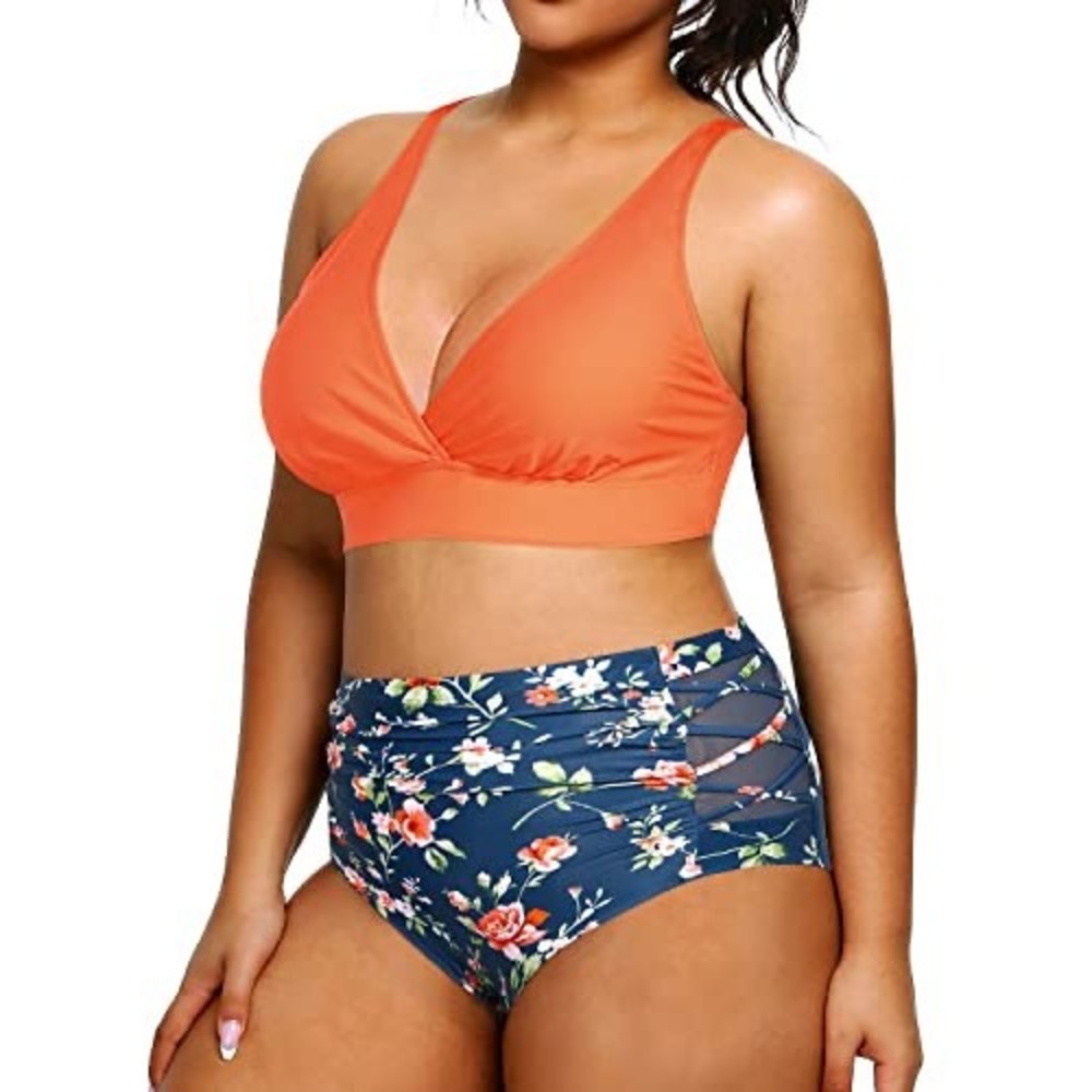 YONIQUE Plus Size 2 Piece Bikini Set High Waisted Floral Orange Swimwear 16W
